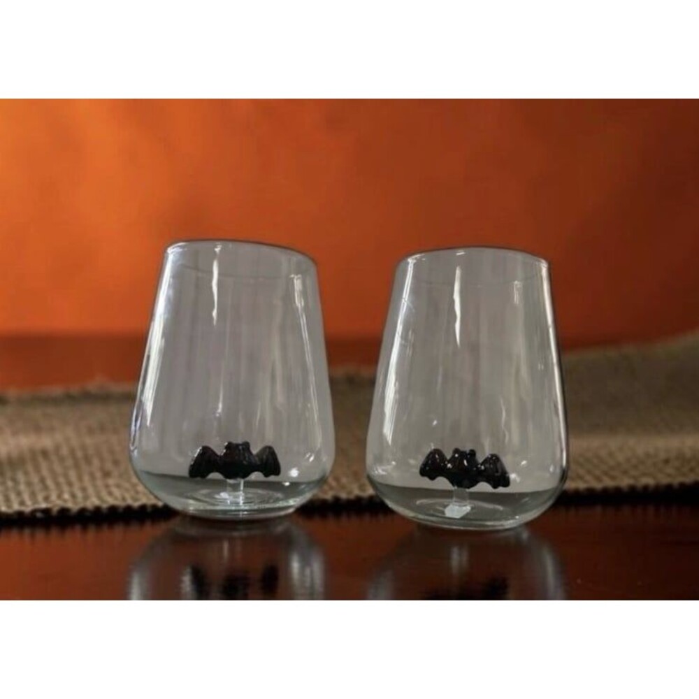 Halloween Bat Stemless Wine Glasses Set of 2